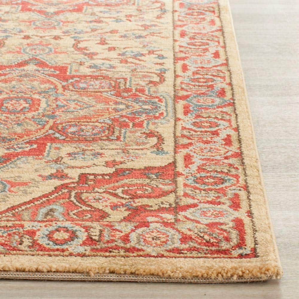 Elegant Red and Natural 10' x 14' Synthetic Rectangular Rug