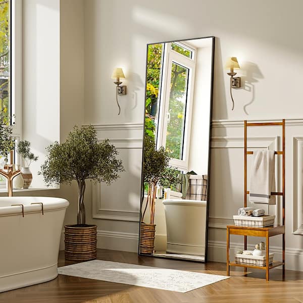 18 in. W x 58 in. H Rectangular Black Modern Aluminum Alloy Framed Full Length Mirror Wall Mirror