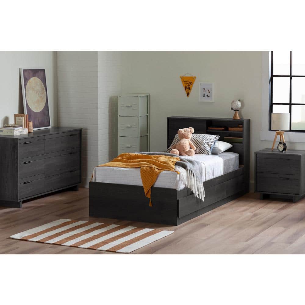 Gray Oak Twin Captain's Bed with 3 Storage Drawers