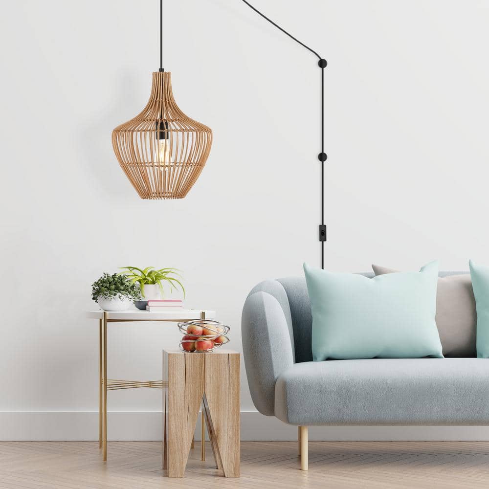 Lucas 13" Satin Brown Rattan LED Pendant with Adjustable Cord