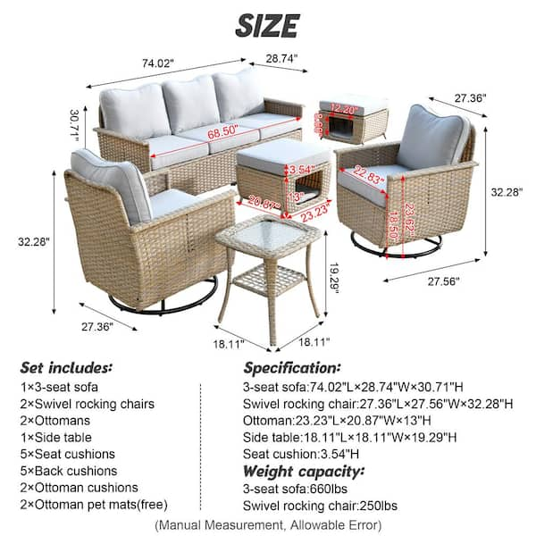 HOOOWOOO Sierra Beige 6-Piece Wicker Pet Friendly Outdoor Patio Conversation Sofa Set with Swivel Chairs and Mint Green Cushions