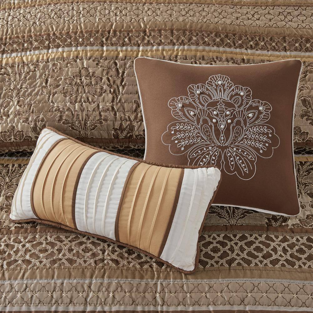 Full Brown Reversible Jacquard Coverlet Set with Shams and Pillows