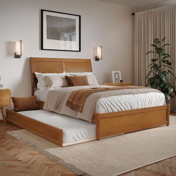 AFI Andorra Light Toffee Natural Bronze Solid Wood Frame Full Platform Bed with Panel Footboard and Twin Trundle