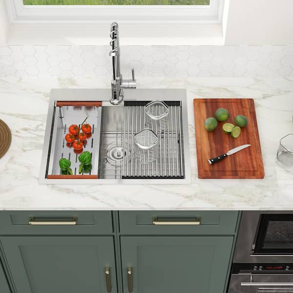 25 in. Drop in Workstation Sink Single Bowl 16-Gauge Brushed Stainless Steel Kitchen Sink with Bottom Grids