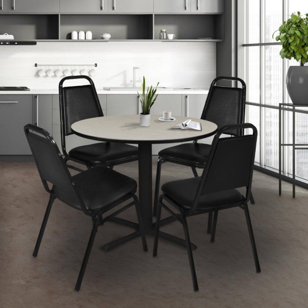 Cain 36 in. Maple Round X-Base Breakroom Table Desk and 4 Restaurant Stack Chairs-Black