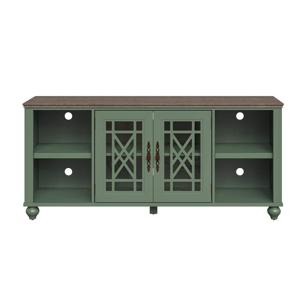 Festivo Green 60" Oak Vintage TV Stand with Carved Doors