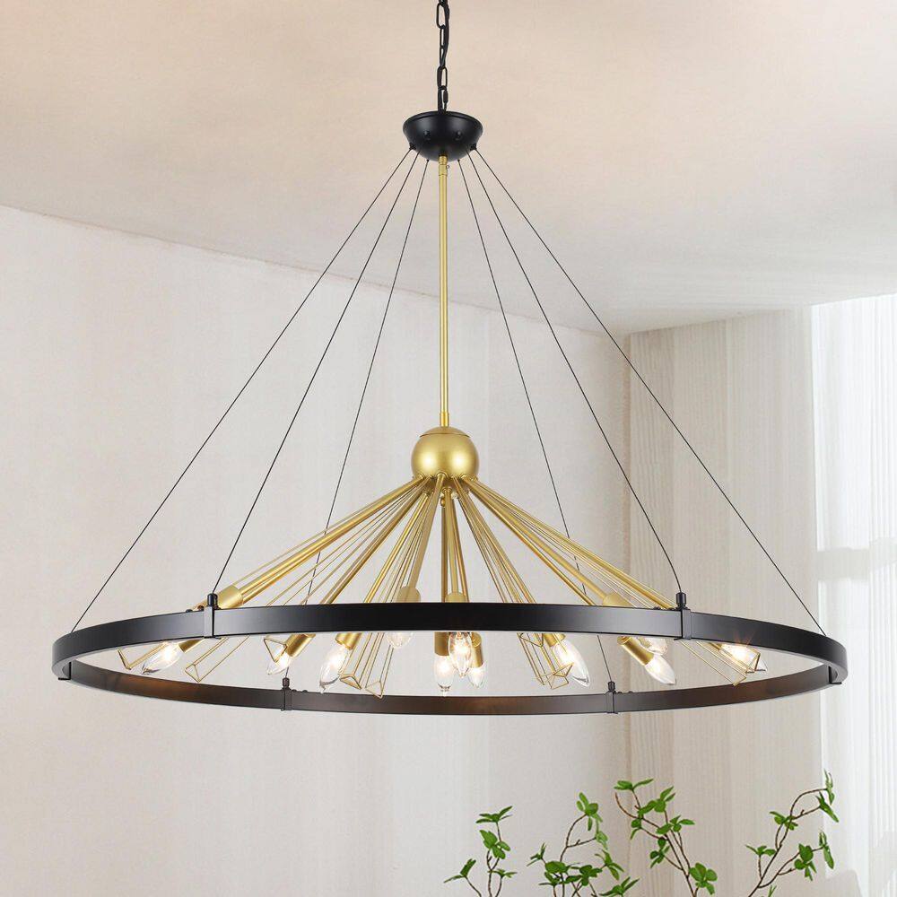 43.3 in. 12-Light Black and Gold Wagon Wheel Satellite Chandelier for Living Room with No Bulbs Included price history on PriceWatchPro