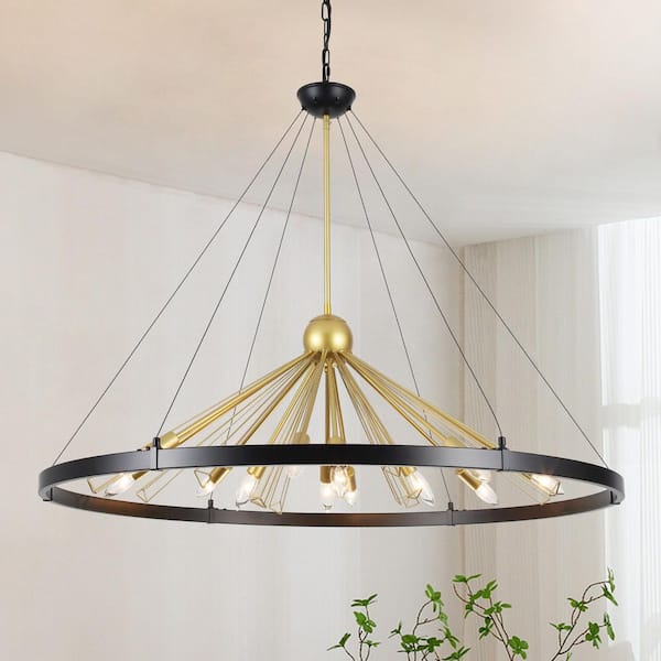 43.3 in. 12-Light Black and Gold Wagon Wheel Satellite Chandelier for Living Room with No Bulbs Included