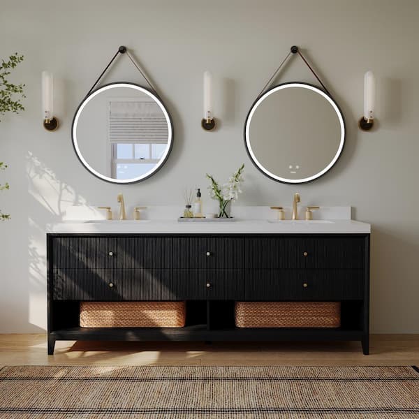 Momo 84 in. W Double Sink Bath Vanity in Black Oak with White Quartz Top