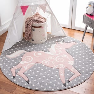 Carousel Kids Gray/Ivory/Pink 7 ft. x 7 ft. Animal Print Solid Color Round Area Rug