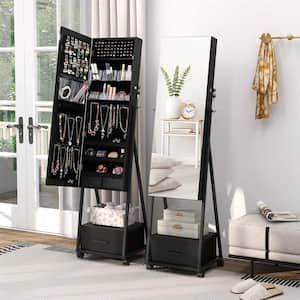 Black Jewelry Cabinet Armoire Full Length Mirror Lockable with Bottom Drawer and Wheels