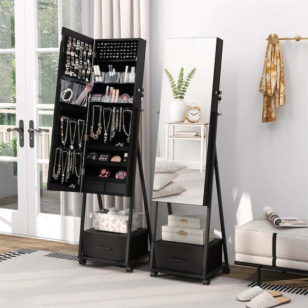 Black Jewelry Cabinet Armoire Full Length Mirror Lockable with Bottom Drawer and Wheels