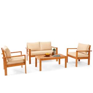4 Piece Wood Patio Conversation Set with Coffee Table and Soft Beige Cushions, Outdoor Sofa Set