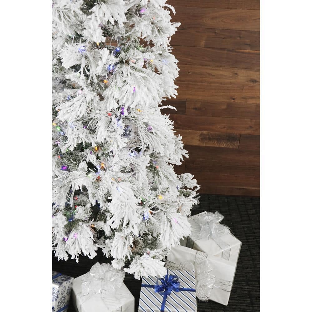 9 ft Snowy Pine Flocked Artificial Christmas Tree with Multi-Color LED Lights