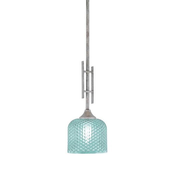 Unbranded Ontario 60-Watt, 1-Light Aged Silver Stem Hung Mini Pendant Light with Turquoise Glass Shade and No Bulb Included