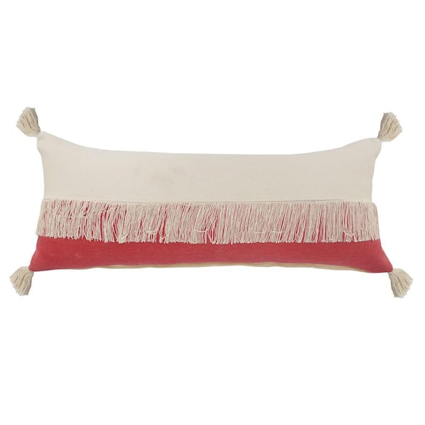 Unbranded Festival Fringe Raspberry Red/Off-White Color Block Soft Poly-Fill 14 in. x 36 in. Indoor Throw Pillow