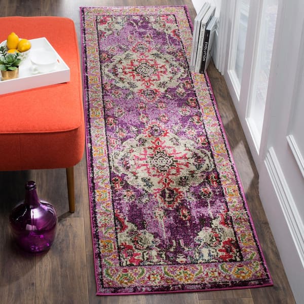 Monaco Violet/Fuchsia 2 ft. x 10 ft. Distressed Border Medallion Runner Rug