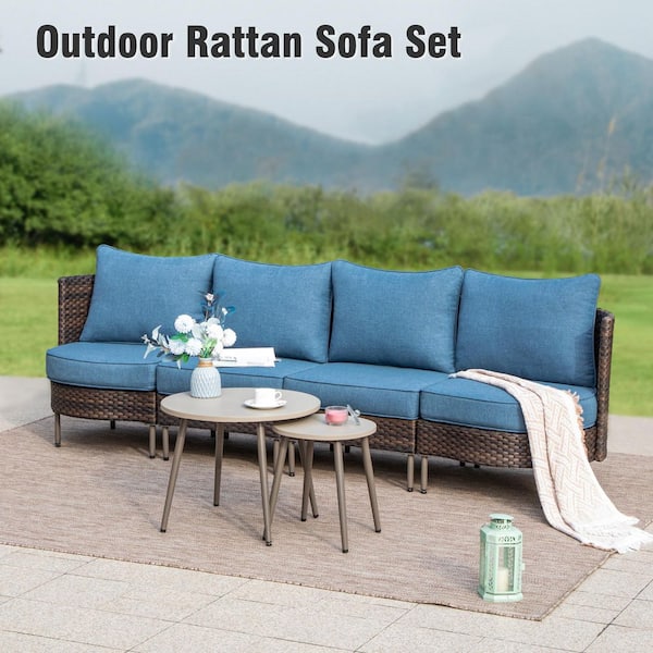 PHI VILLA Black 6-Pieces Metal Patio Conversation Sectional Seating Set with 2 Round Coffee Table, Brown Rattan and Navy Cushions