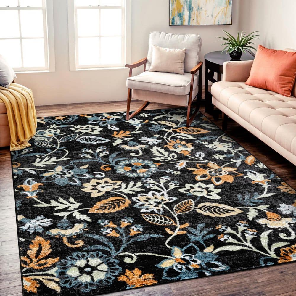 World Rug Gallery Vine Floral Black 4' x 6' Area Rug WR145BLACK4X6