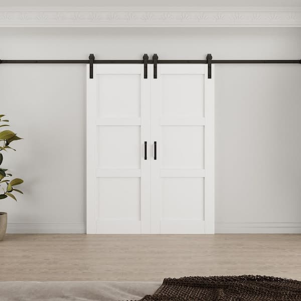 56 in. x 80 in. Paneled 3 Lite White Primed MDF Sliding Barn Door with Hardware Kit