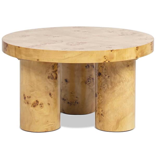 Jennifer Taylor Nebula 28 in. Warm Natural Brown Round Burl Wood Coffee Table with Pillar Legs