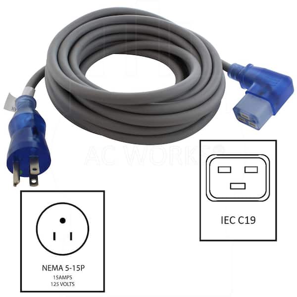 AC WORKS Medical Grade Power Cord with Right Angle IEC C19 20 ft