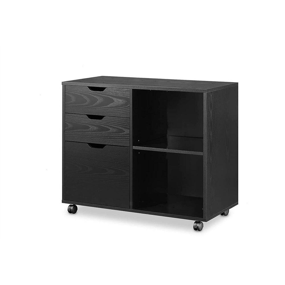 URTR Modern Black Rolling Wood Lateral File with 3 Drawers and