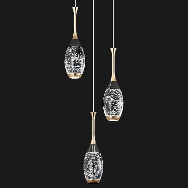 Home Lighting 18W 3-Light BlackGold Modern Mini LED Teardrop Crystal Pendant Light Dimmable for Kitchen Island