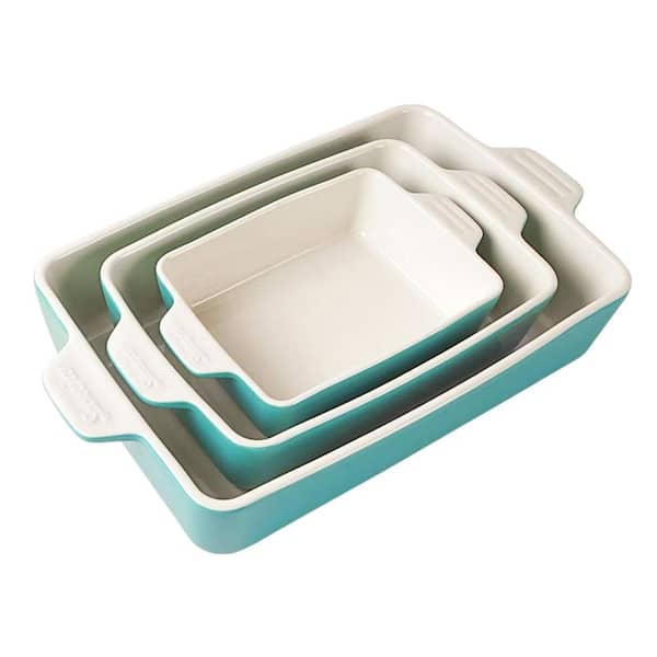 3-Piece Turquoise Ceramic Bakeware Set Rectangular Stackable Easy-Clean Oven Safe Casserole Lasagna Pans