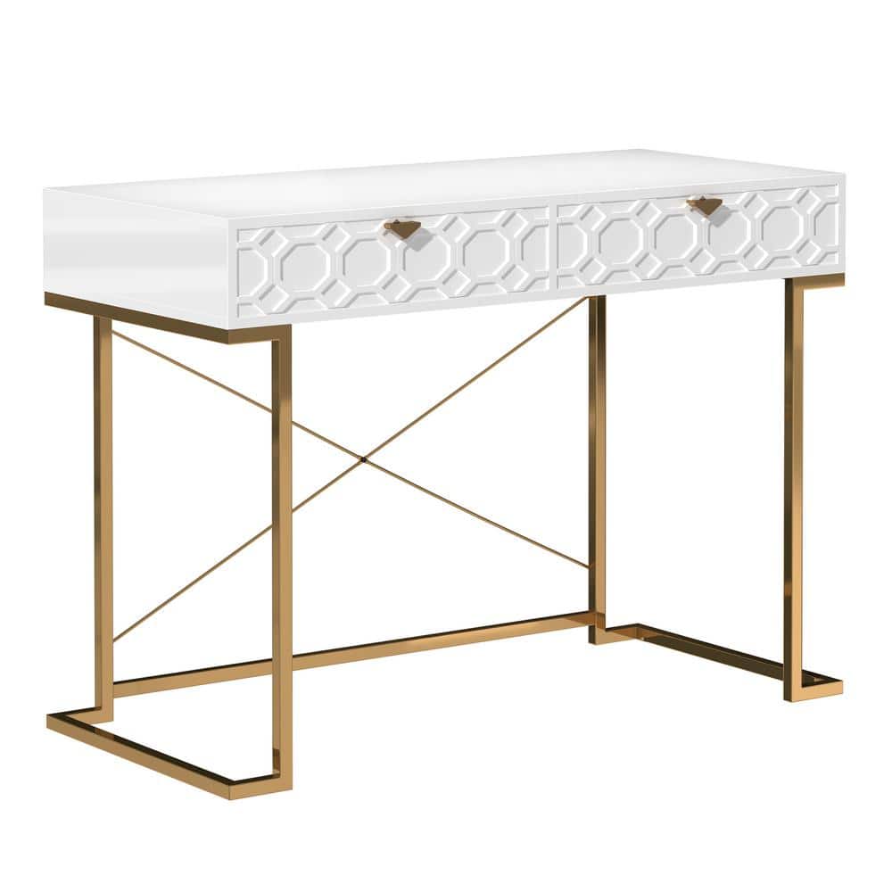 42 in. Rectangular White Wood End Table Writing Desk with Metal Stand