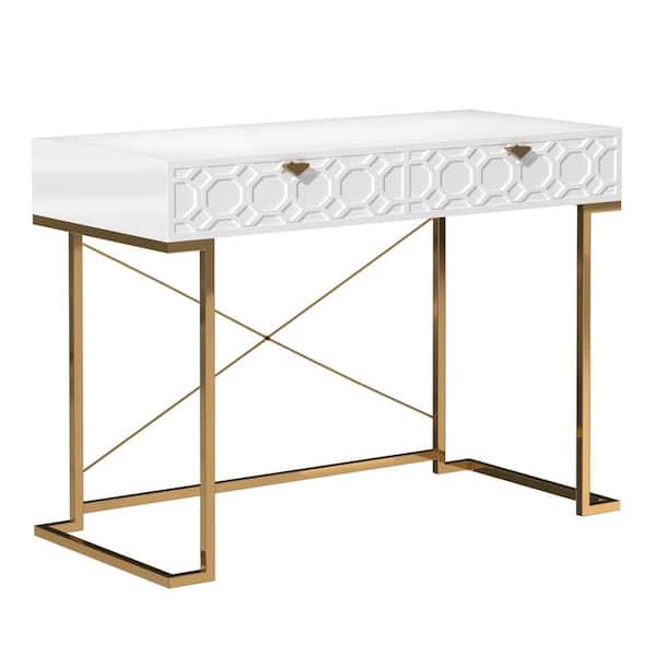 Boyel Living 42 in. Rectangular White Wood End Table Writing Desk with Metal Stand