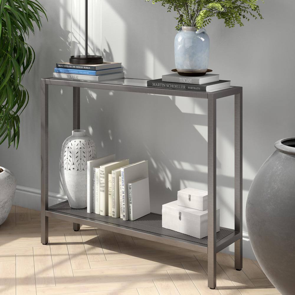 36" Aged Steel and Glass Industrial Hallway Table with Mesh Shelf