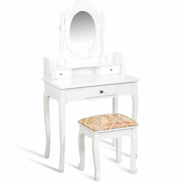 Costway 2-Piece White Vanity Dressing Table Jewelry Makeup Desk Set with Stool 3-Drawer Christmas Gift
