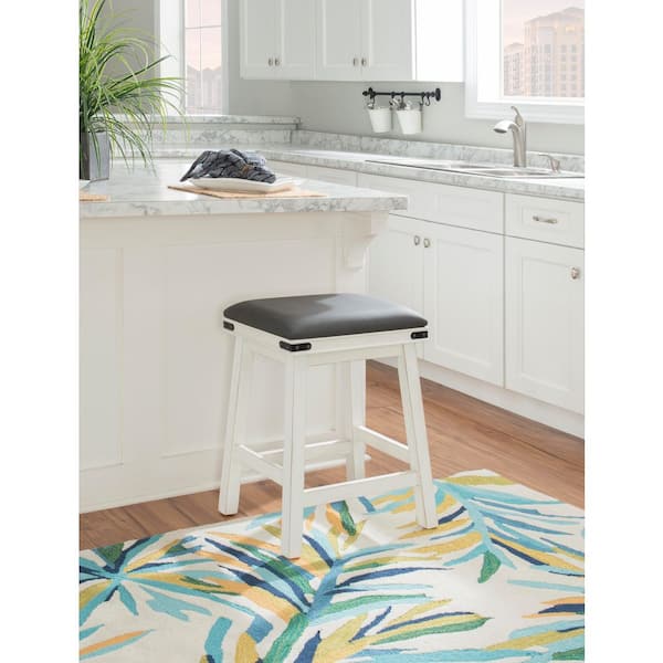 Blashaw 24 in. Off White Backless Wood Counter Upholstered Stool with Faux Leather Seat