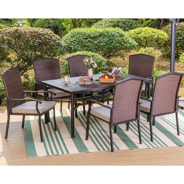 PHI VILLA Black 7-Piece Metal Patio Outdoor Dining Set with Rectangle Table and Rattan Chairs with Beige Cushion