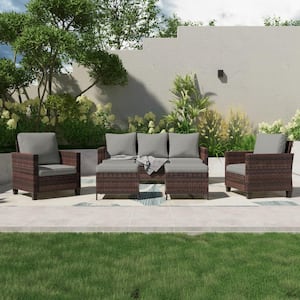 5-Piece Outdoor Patio Conversation Set Widened Back and Arm Brown Rattan 3-Seat Sofa 2 Ottomans, Linen Grey