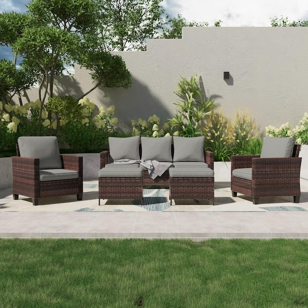 JOYESERY 5-Piece Outdoor Patio Conversation Set Widened Back and Arm Brown Rattan 3-Seat Sofa 2 Ottomans, Linen Grey