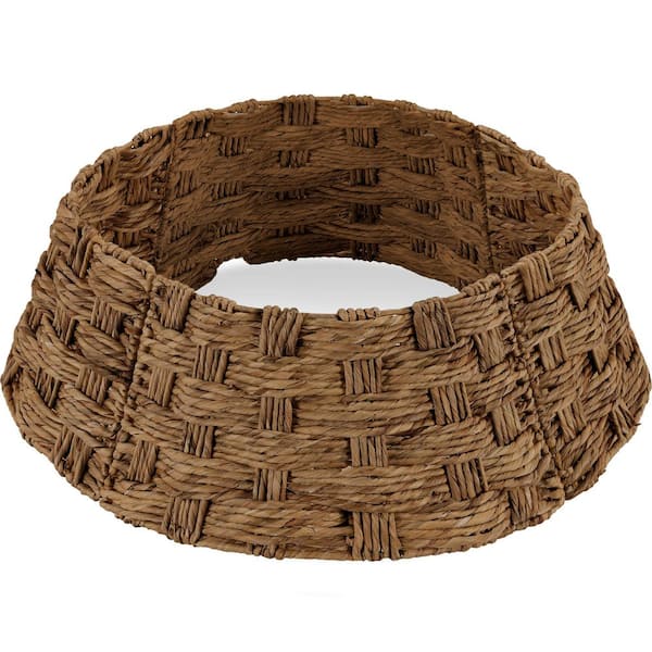 36 in. Basket Woven Hyacinth Christmas Cellulose Tree Collar, Skirt Accessory with Cord Cut-Out in Chestnut