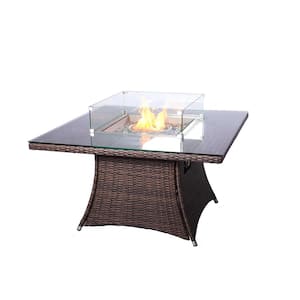 Turnbury 47 in. x 27 in. Square Stainless Steel Propane Gas Fire Pit Table in Brown Wicker with Tempered Glass Surround