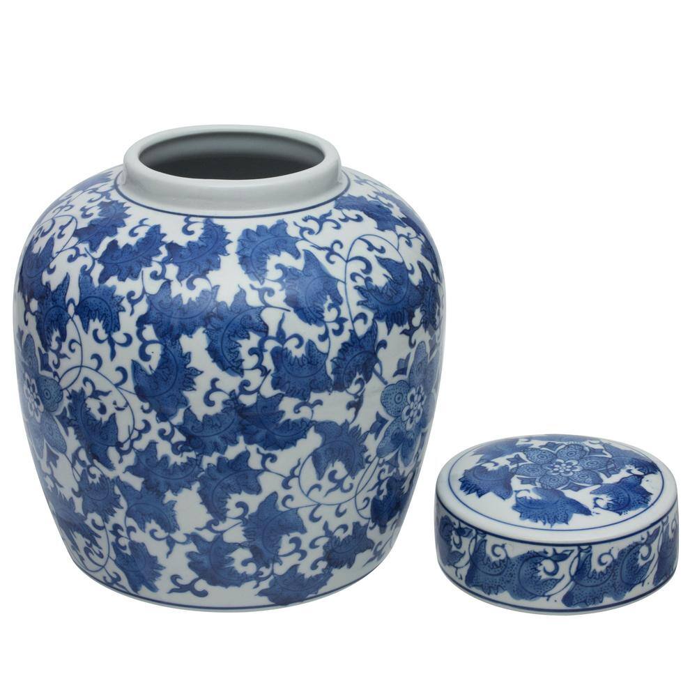 10" Blue and White Porcelain Floral Ginger Jar