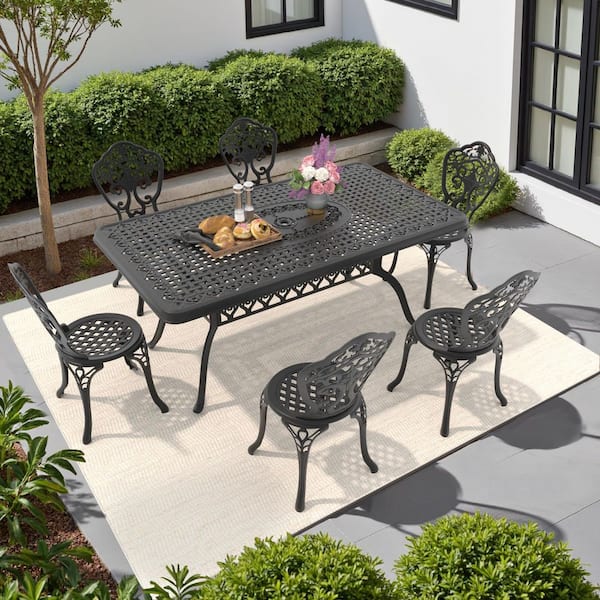 Black 7-Piece of Cast Aluminum Outdoor Patio Dining Set with 68.9 in. x 37.40 in. Rectangular Table and Armless Chairs