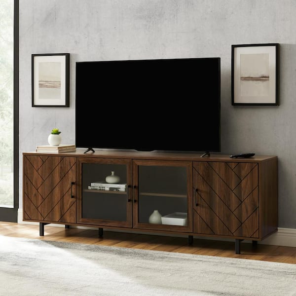 Walker Edison Furniture Company 70 in. Dark Walnut Wood and Glass Modern Herringbone TV Stand (Max tv size 80 in.)