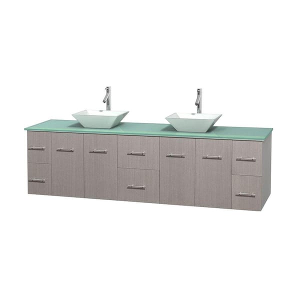 Wyndham Collection Centra 80 in. Double Vanity in Gray Oak with Glass Vanity Top in Green and Porcelain Sinks