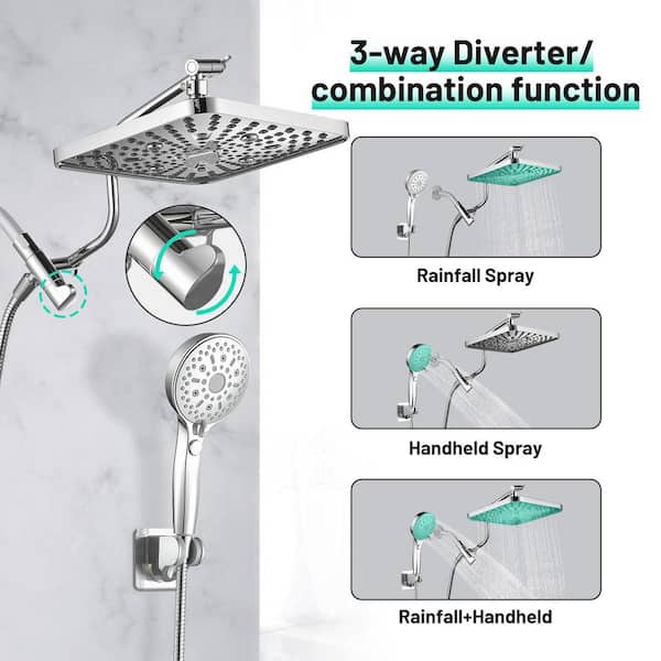 Rainfull 2-in-1 12-Spray Patterns with 2.5 GPM 10 in. Wall Mount Dual Shower Head and Handheld Shower Head in Chrome