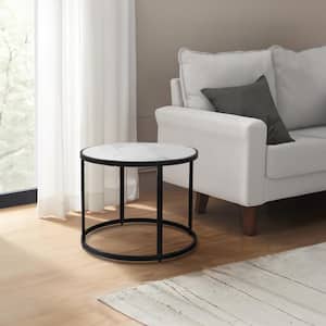 23 in. Black and White Round Marble Side End Table with Convenient Floor Levelers