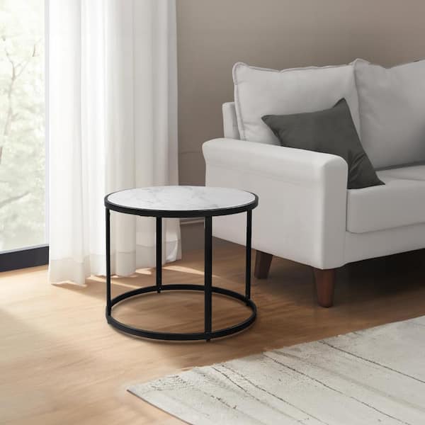 THE URBAN PORT 23 in. Black and White Round Marble Side End Table with Convenient Floor Levelers