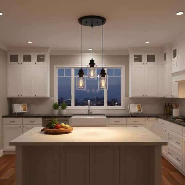 3-Light Black Vintage Cluster Hanging Ceiling light Fixture Pendant with Clear Glass Shade for Kitchen Dining Room