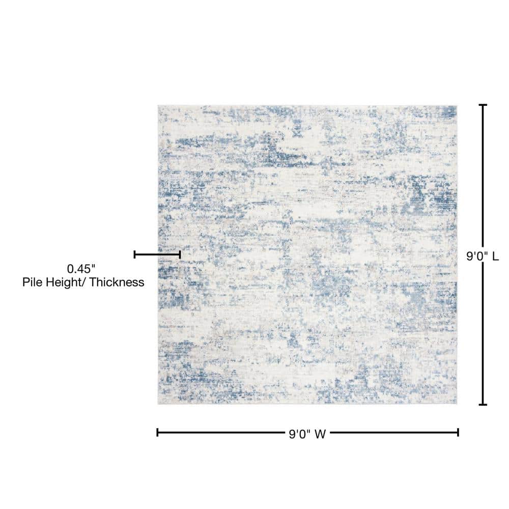 Ivory and Blue Abstract Synthetic 9' Square Area Rug