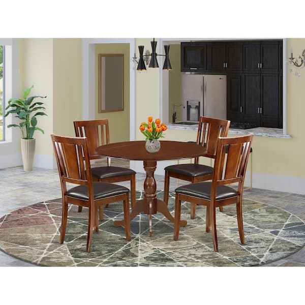 East West Furniture 5-Piece Mahogany Finish Solid Wood Top Dining table with 4-Chairs with Drop Leaf Lattice Back