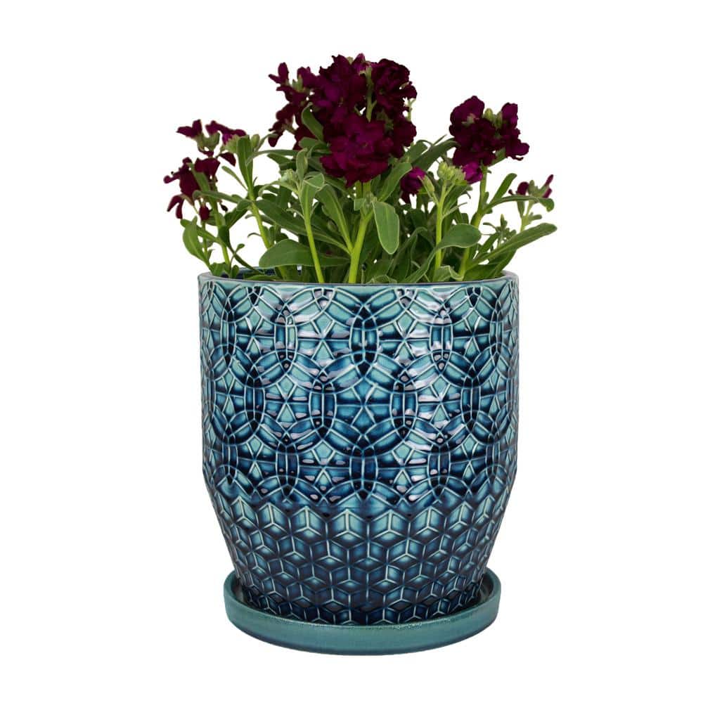 Rivage 10" Round Blue Glazed Ceramic Indoor Planter with Drainage